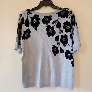 Talbots Sz Lg Gray Black Floral Boat Neck Light Knit Sweater  Office Dressy